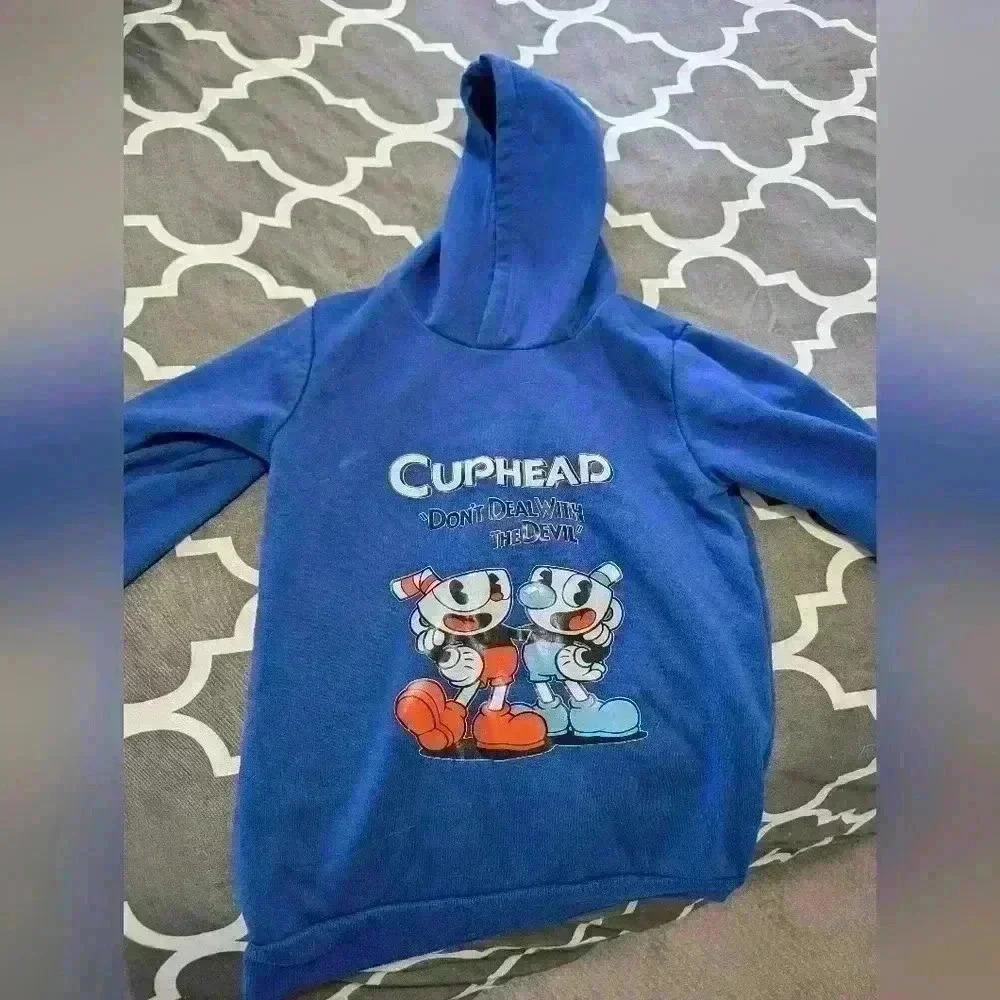Kids cup head hoodie blue size kids age 6-8